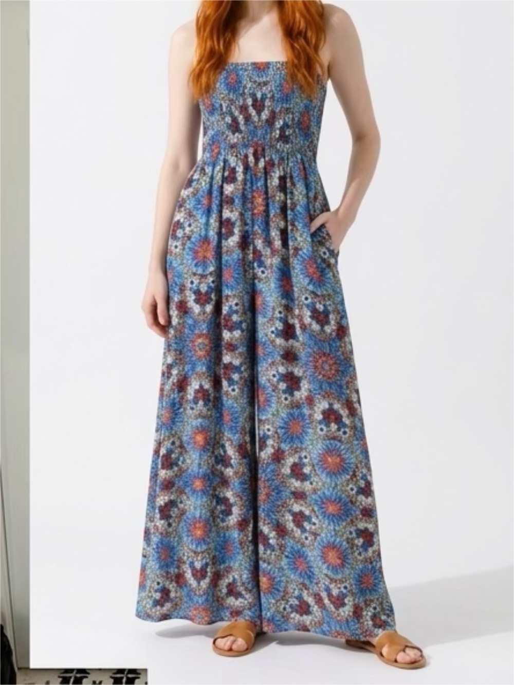 Sans Souci Smocked Strapless Blue Floral Maxi Dress